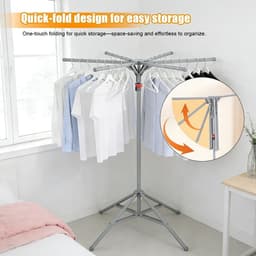 Wasrek - Opvouwbaar Droogrek - 6 Palen - Incl. 20 winddichte haken + 2 winddichte sokkenclips - 120-170cm - Koolstofstaal Roestvrij - Ruimtebesparend & Compact - Voor Binnen, Balkon & Buiten — thumbnail 4