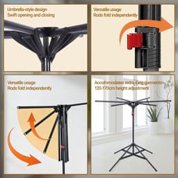 Droogmolen - Kledingrek - Ruimte Besparen - Inklapbaar 6 Vleugels - 170 cm Hoog - Zwart — thumbnail 2