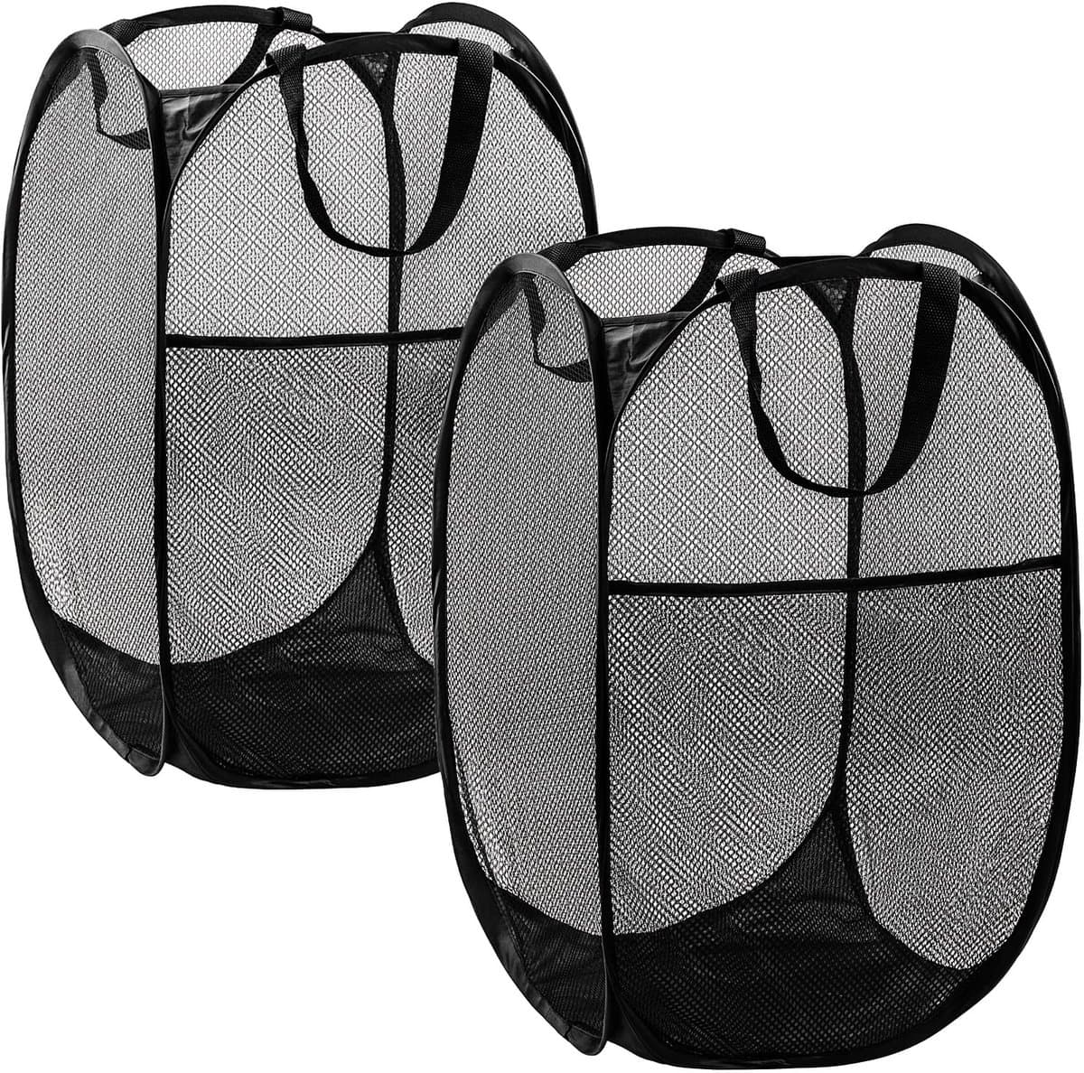 2-stuks Opvouwbare wasmand van gaas - Opvouwbare wasmand - Pop-up wasmand - Kledingmand - Wasmand - Met stevig handvat en zijvakken - 30*30*46 cm - Geschikt voor thuis, studentenkamers, slaapkamers, op reis, enz. - Zwart — afbeelding 1