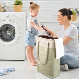 Wasmand met handgrepen - Wasknijperzak Opbergzak - Kleding sorteren - Opvouwbaar en slank ontwerp - 38x20x61 cm - Beige en groen — thumbnail 4