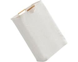 Wasmand - Opbergmand - Katoen-linnen - Opvouwbare Wasmand - Ruimtebesparend - Draagbaar - Voorzien van een houten handvat - Geschikt voor slaapkamers, hotels, badkamers, kleedkamers en wasruimtes - 27*40*56cm - Beige — afbeelding 1