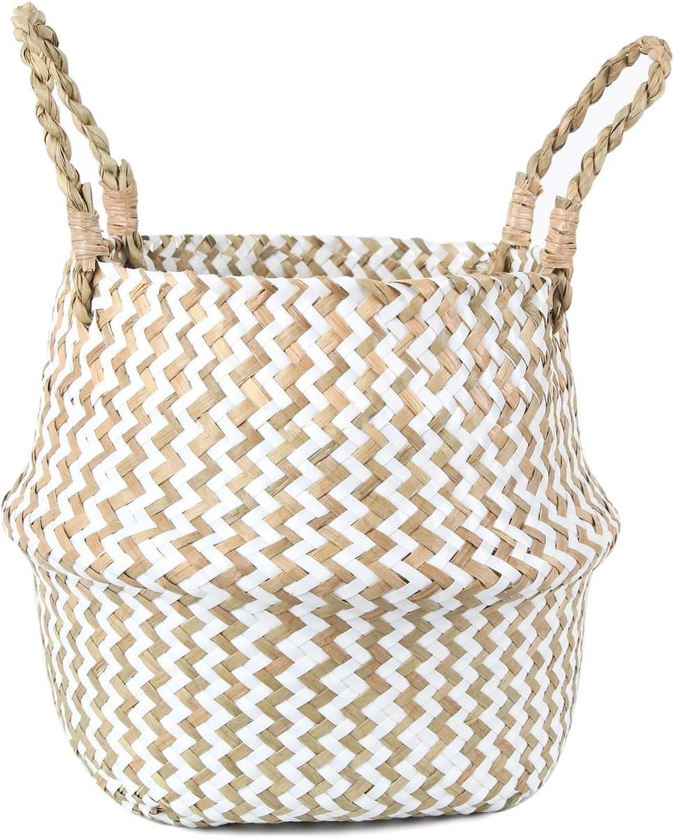 Handgeweven Wicker Wasmand, Decoratieve Opbergmand voor Thuis, Vouwbare Bamboe Mand met Deksel en Handvat (Wit, Groot) - Ideaal voor Kleding, Speelgoed en Planten — afbeelding 1