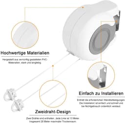 Dailygoods- Waslijn Uittrekbaar - Wanddroogrek - Inklapbaar - 13 Meter Touw - Voor Binnen/Buiten - Perfect voor Kleine Ruimtes - Drooglijn — thumbnail 4