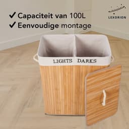 Lexorion Wasmand met Deksel XL - Bamboe - 2 Vakken - Wassorteerder - 2 Wasbare Katoenen Waszakken - Handvatten - 100 Liter - Natuurlijk Bruin — thumbnail 2