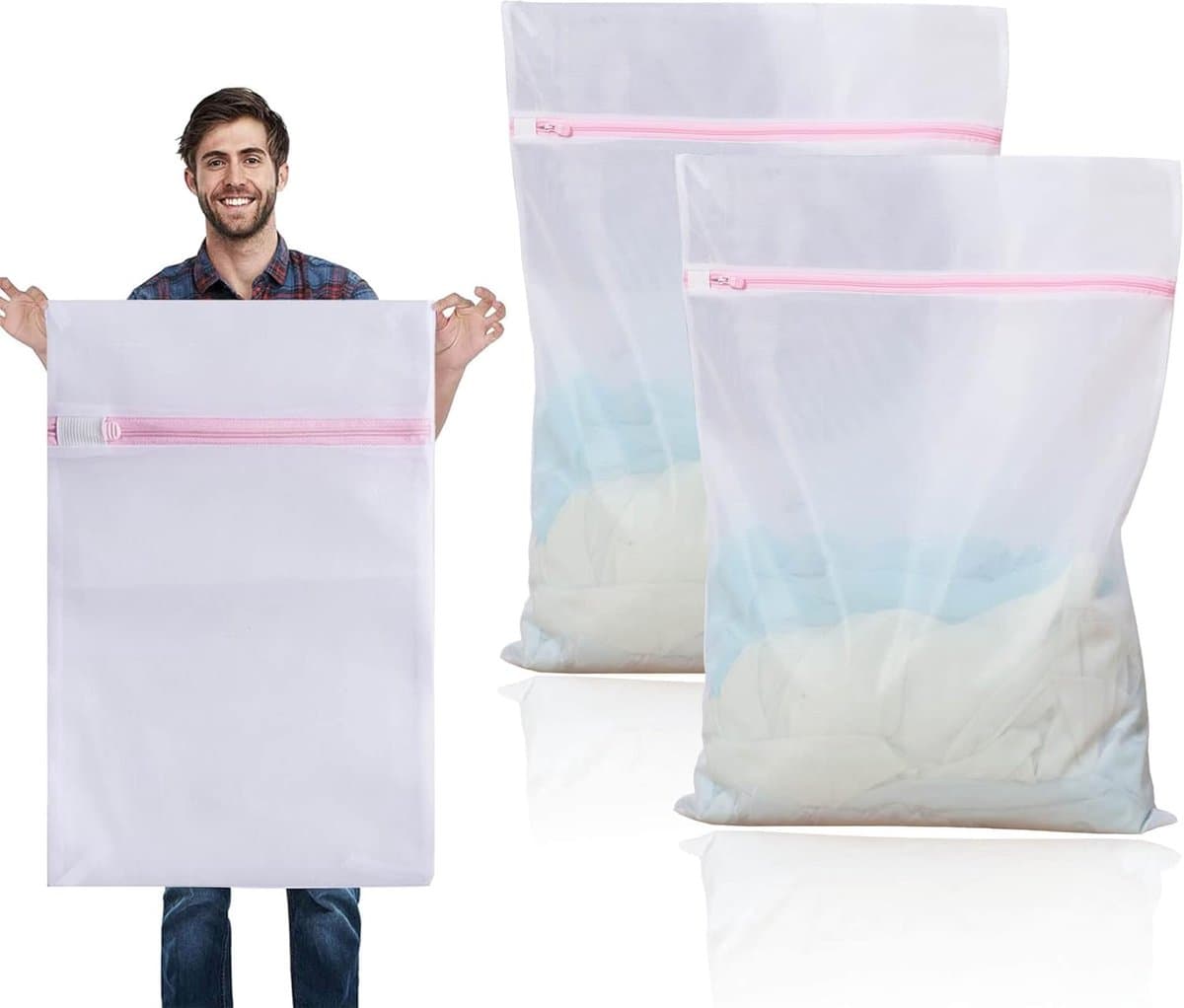 Waszakken - Waszak - Wasnetten - Waszakjes met Rits - Ideaal voor Beddengoed, Kleding en Delicate Was - 90 x 110 cm - 2 stuks - Wit — afbeelding 1