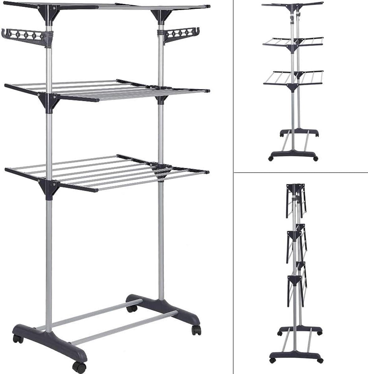 homewell Drying rack, tumble dryer, tower with wheels, space-saving tower laundry rack with 6 folding wings and 2 rotating side wings (grey, single lever) — afbeelding 1
