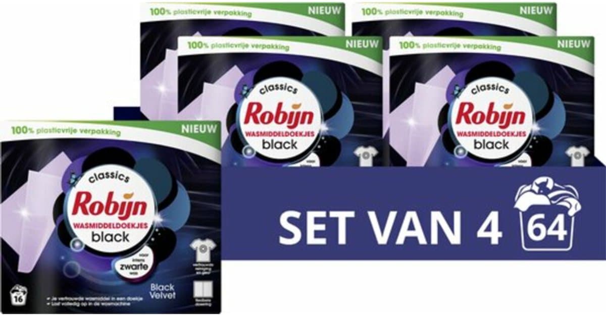 Robijn - Wasmiddeldoekjes Black Velvet - 4 x 16 stuks - Voordeelverpakking — afbeelding 1
