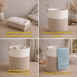 Beyahl - Wasmand katoen 52L merkloos rond opvouwbaar met handvaten 46x38 cm opbergmand speelgoedmand stevige wasbox — thumbnail 3