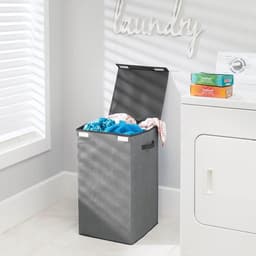 Ademende Polypropyleen Wasmand - Ontwerp Wasmand voor Wasruimte, Badkamer of Slaapkamer - Opvouwbare Wasmand met Jute Look, Deksel en Handvat - Grijs met Zwarte Rand — thumbnail 4