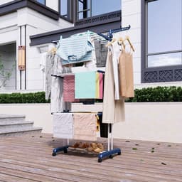 Droogrek - Wasrek - Wastoren - Droogtoren - op Wielen - 3-Tier - Inklapbare Vleugels - Antislip Stangen - voor Binnen en Buiten - Grote Gezinnen - Uitschuifbaar - Lengte 66-130cm - 73x13.5x22.5cm - Blauw en Wit — thumbnail 4