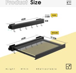 Droogrek voor aan de muur inklapbaar van aluminium - 45 cm - ruimtebesparend - met haken voor het drogen van sokken, ondergoed en broeken - zwart — thumbnail 4