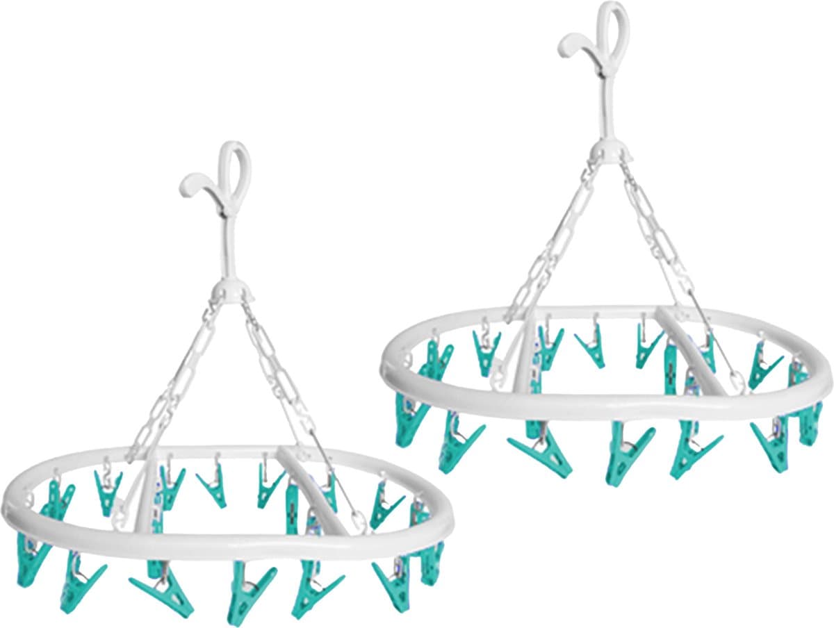 CM Wasgoed droogcarrousel/droogmolen - 2x - 20 clips/knijpers - wit/groen - kunststof - 29 x 42 cm — afbeelding 1