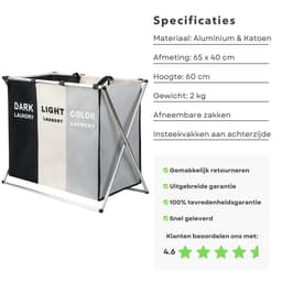 Wasmand 3 Vakken - Wassorteerder Aluminium - 65x40x60 cm - Afneembare Waszak - Inclusief EBOOK — thumbnail 2
