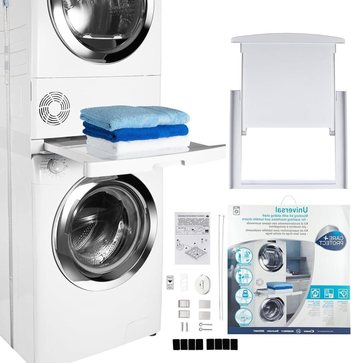 Universele Stapelset met Schuifplateau en Verwijderbare Schuifplank - Wasmachines 47-62 cm Diepte - Hoover Care+Protect Wasmachine rek — afbeelding 1