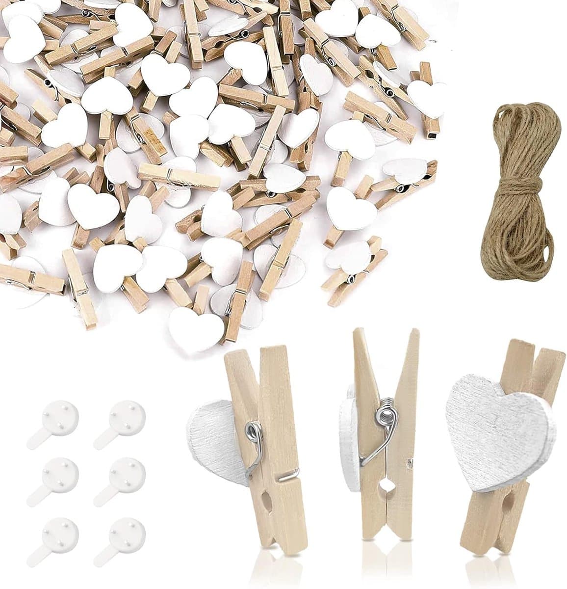Mini houten klemmen met jute koord - Decoratieve clips voor bruiloften, fotohouders en knutselprojecten (50 stuks) — afbeelding 1