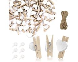 Mini houten klemmen met jute koord - Decoratieve clips voor bruiloften, fotohouders en knutselprojecten (50 stuks)