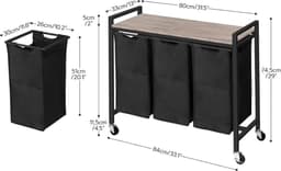 ApexArte® Wasmand 3 Vakken - Wassorteerder - 120L - Grijs met Zwart — thumbnail 2