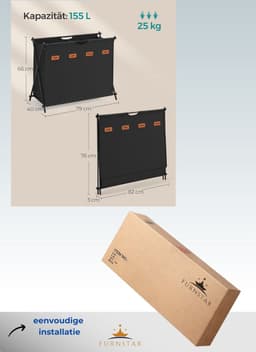 FurnStar - Wasmand - wasverzamelaar - 155 liter - wasbox - 4 vakken - inklapbaar X-frame - individuele etiketten - voor bijkeuken - slaapkamer - badkamer - 79,9 x 40 x 66 cm - Inktzwart — thumbnail 2