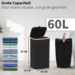 Smalle Wasmand - 60L - 2 Stuks - Wasmanden met Deksel en Waszak - Mand Vuile Was - Opbergmand - Mand - Zwart — thumbnail 5