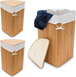 3x wasmand hoekmodel bamboe - 60 liter - deksel - wasbox - driehoekig - natuur — thumbnail 5