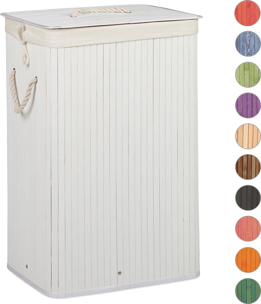 wasmand bamboe - 83 l - met deksel - opvouwbaar - groot - wit — afbeelding 1