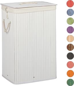wasmand bamboe - 83 l - met deksel - opvouwbaar - groot - wit — thumbnail 1