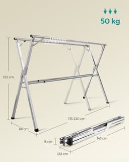 Wasrek Inklapbaar - Staand Droogrek metaal - 133-200 cm Uitschuifbaar - Zilver — thumbnail 3