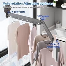 Intrekbaar droogrek voor wandkleding met zuignap - aluminium kledingrek met 10/15 haken en verlengstang - wit - voor balkon, wasruimte, badkamer — thumbnail 5