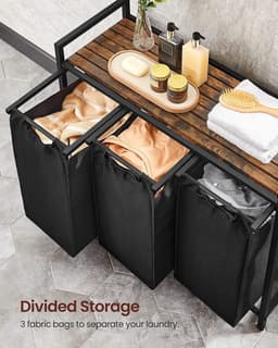Wasmand 3 vakken – wassorteerder - uitschuifbaar met plank - 92.5 x 33 x 71 cm – wasmand - 114 L verdeeld over 3 zakken – wasmanden – wasmand zwart metaal - bruin hout — thumbnail 2