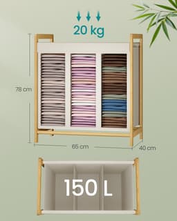Wasmand – Bamboe frame – 2 compartimenten – Afneembaar deksel – 100 L – Crèmewit – 65 x 40 x 78 cm — thumbnail 5