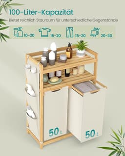 Bamboe wasmand met 2 vakken – 100 L wassorteerder met planken, waszak en zijvakken, crème-wit (RLH200W01) — thumbnail 5