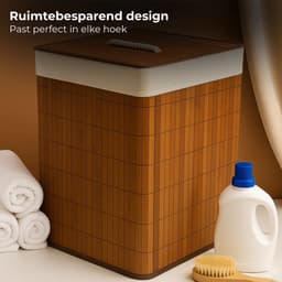 Lomera Bamboe Wasmand - Hoekmodel Wasmand - 72 Liter Capaciteit - Opvouwbare Wasmand - Bruine Wasmand - Wasmand Met Deksel - Waszak Inbegrepen - Afneembaar Deksel - Verstevigde Metalen Ring - Wasbare Binnenzak - Bamboe Materiaal — thumbnail 3