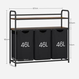 NaevaMi - Wasmand 3 Vakken - Wasmanden - Wassorteerder - Wasmand Zwart - Wassorteerder 3 Vakken - Badkamerkast Met Wasmand - 3x 46L - 2 Planken - Met Wielen — thumbnail 1