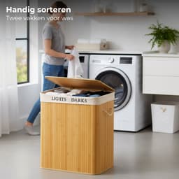 Lomera Wasmand met 2 Vakken - Wassorteerder - Bamboe Materiaal - Afneembaar Deksel - Uitneembare Binnenzak - Wasbare Binnenzak - 100 Liter Inhoud - Naturel Kleur - Was Mand - Was Sorteerder — thumbnail 4