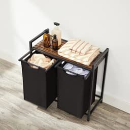 Wasmand 2 Vakken – Wassorteerder 76L – Uitschuifbare Wasmand met Plank – Zwart Metaal & Bruin Hout – 92,5 x 33 x 71 cm — thumbnail 1