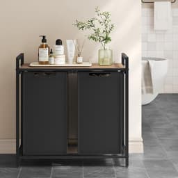 Wasmand met 2 vakken, uittrekbaar en afneembare waszakken, stevig en duurzaam oxforddoek gecombineerd met een robuust metalen frame, 2 x 46 liter, 73 x 33 x 72 cm, grijs en zwart — thumbnail 3