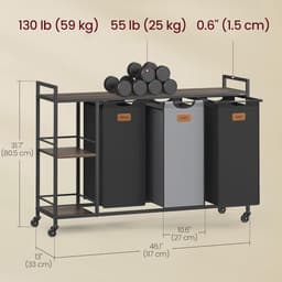 Wasmand, vuilewasmand met 3 compartimenten, 3 open opberglades, labels, wieltjes en afneembare voering. Grote opslagcapaciteit van 150 liter. Geschikt voor slaapkamer, wasruimte en badkamer. 117 x 33 x 80,5 cm, zwart. — thumbnail 2