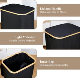 Wasmand met deksel, 110L grote wasmand met handvat en deksel, opvouwbare wasmand organizer met uitneembare binnenzak voor kleding, speelgoed en handdoeken - Zwart — thumbnail 4