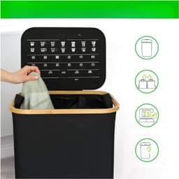Wasmand - 100L Dubbele Wasmand Met Deksel - 2 Compartimenten Voor Sorteren - Afneembare Binnenzakken - Oxford Stof Met Bamboe Rand - Praktisch En Duurzaam — thumbnail 4