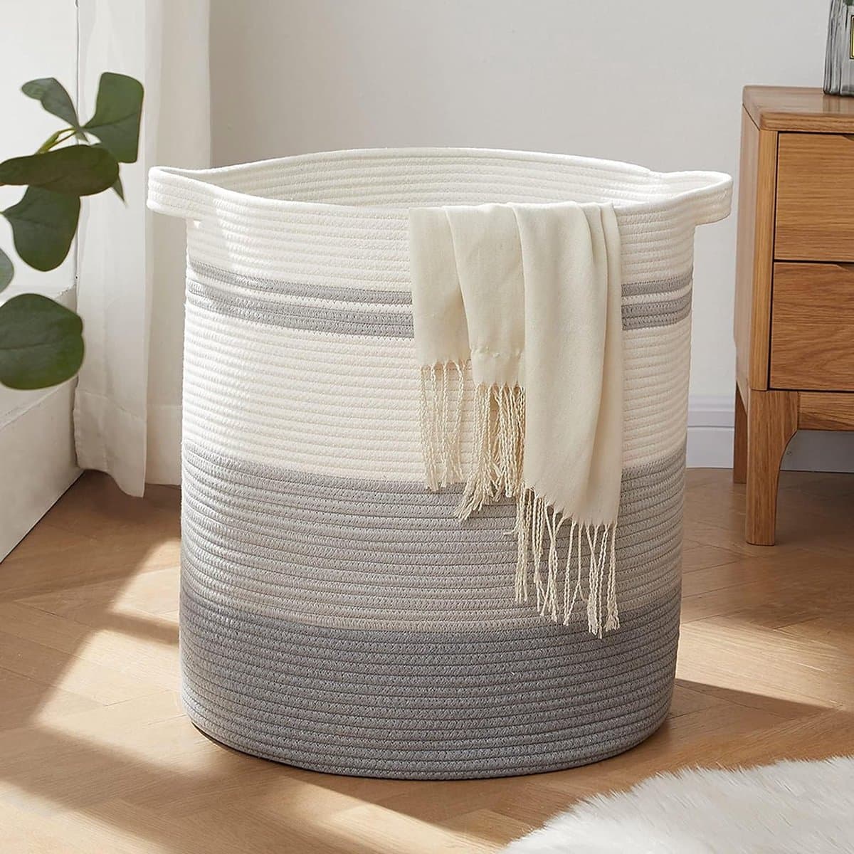 Wasmand met handgrepen, decoratieve mand voor woonkamer, geweven opbergmand voor speelgoedbin, kussens, dekens, kleding (kleurverloop grijs, 45 x 50 cm) — afbeelding 1