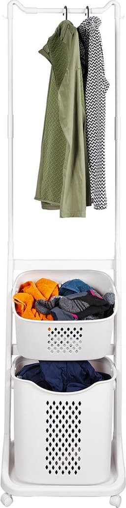 Eleganca Wasmand met ophangrek - H174 x B44 x D33 cm - Wasbox organizer – Wassorteerder met 2 vakken – Kunststof/Metaal – Wit — thumbnail 1