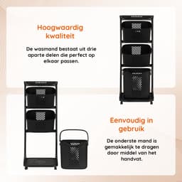 3-in-1 wasmand – Inhoud Grote Mand 38 L - Inhoud Kleine Mand 22 L – Wasbox organizer – Wassorteerder met 3 vakken – Kunststof – Zwart — thumbnail 2