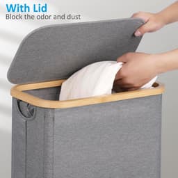 Smal wasmand met deksel - 63 liter - grijs - opvouwbaar - bamboe handgrepen — thumbnail 4