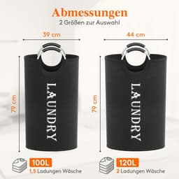 Opvouwbare Wasmand - Met Aluminium Handvatten en Oxford Stof - 100 Liter - Voor Kleding, Handdoeken en Beddengoed in Slaapkamer, Badkamer en Wasruimte - Zwart - 2 Stuks — thumbnail 2