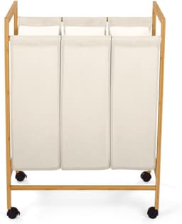 RFWR® Wasmand met 3 Vakken van Bamboe en Wielen – Praktische Oplossing voor het Sorteren van Wasgoed — thumbnail 5