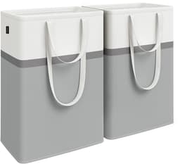 SONGMICS 75L wasmandset van 2, opvouwbare wasmand met lange handgrepen, gemakkelijk mee te nemen en schoon te maken, voor slaapkamer en badkamer, duifgrijs LCB208G02 — thumbnail 1