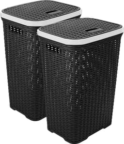 Hega Hogar Wasmand met deksel Rotan - 2x - antraciet - gevlochten kunststof - 60 liter - 34 x 43 x 62 cm — thumbnail 1