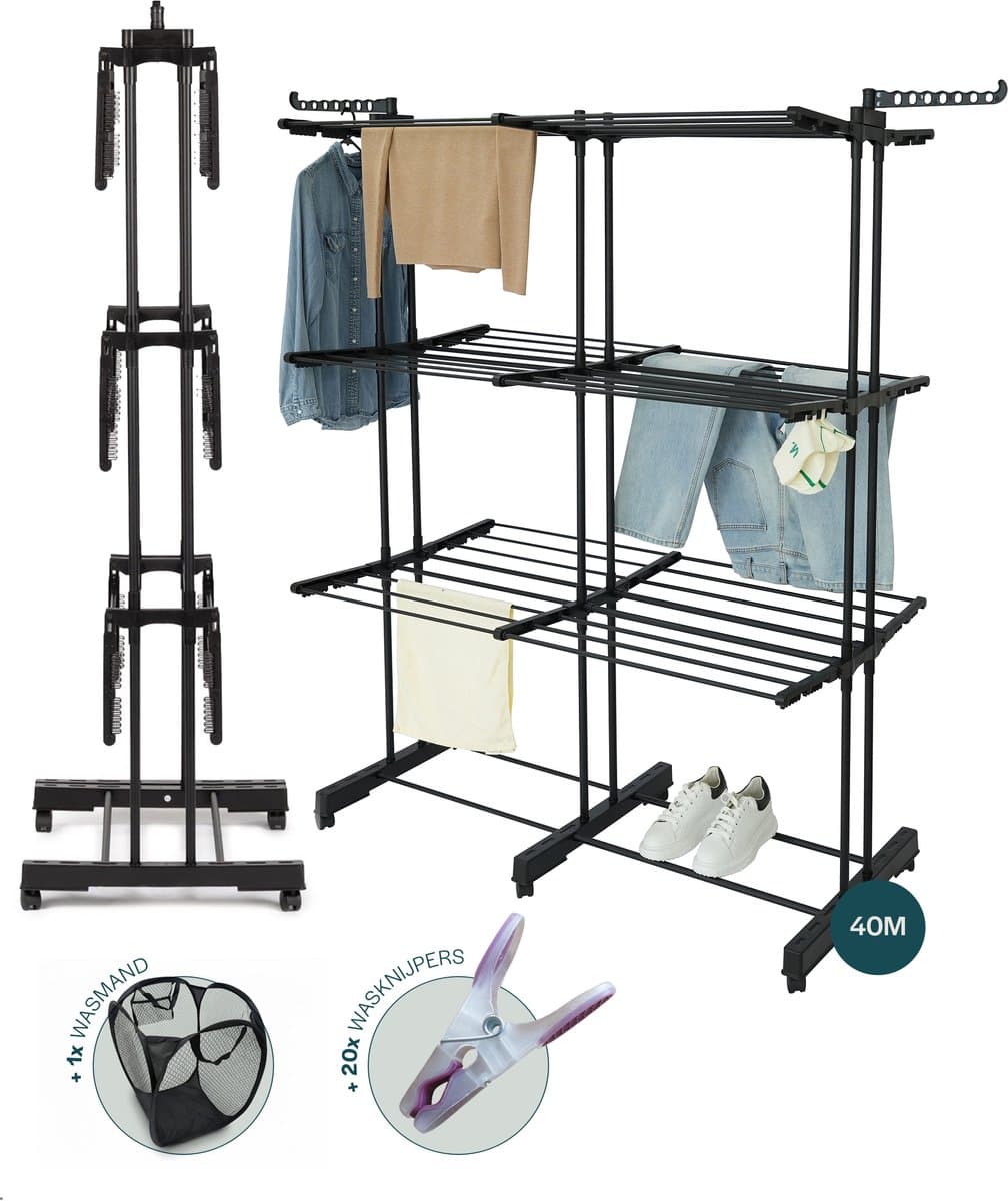 BAUER & MEYER® - Droogrek XL - Wasrek inklapbaar - Incl. 20 wasknijpers + 1x wasmand - 40 Meter drooglengte - Droogtoren Wastoren - 170 x 134 x 65 cm - Zwart — afbeelding 1