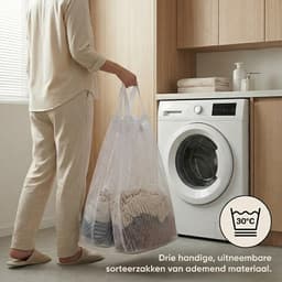 MAZAZU Wasmand met 3 Vakken - 150 Liter - Beige & Bamboe - Wassorteerder met Deksel - Uitneembare Waszakken - Incl. Labels & Zijvak — thumbnail 5
