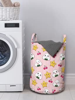 ABAKUHAUS Anime-waszak, Japanse grappige voedselpatronen, wasmand met handvatten en trekkoordsluiting voor wasserettes, 33 cm breed x 49 cm hoog, veelkleurig — thumbnail 2